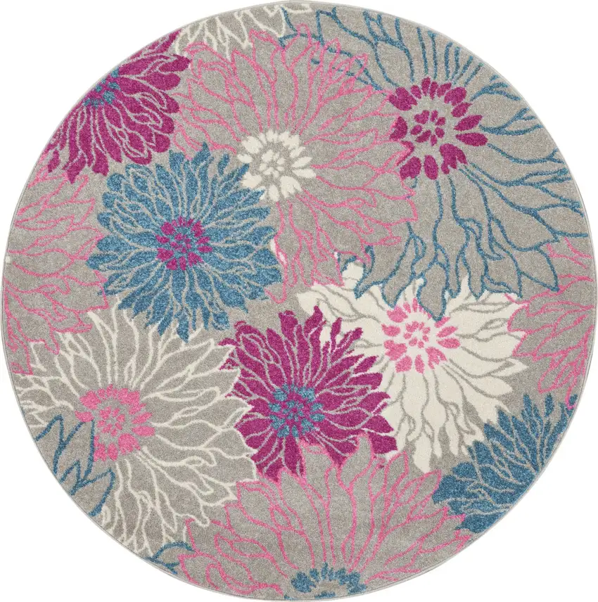 5' Gray And Pink Floral Round Rug Photo 4