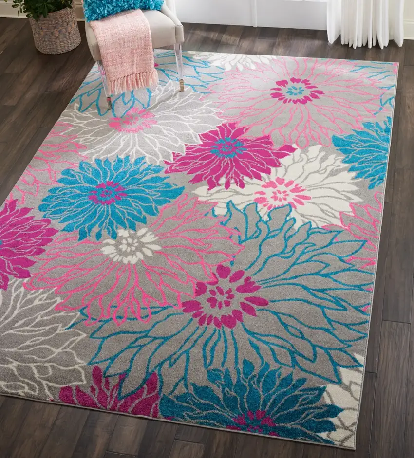 Gray and Pink Tropical Flower Area Rug Photo 7