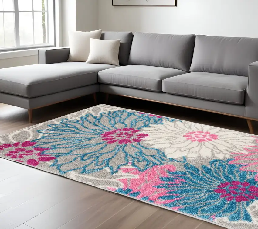 Gray And Pink Floral Area Rug Photo 2