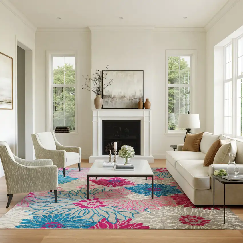 Gray And Pink Floral Area Rug Photo 5
