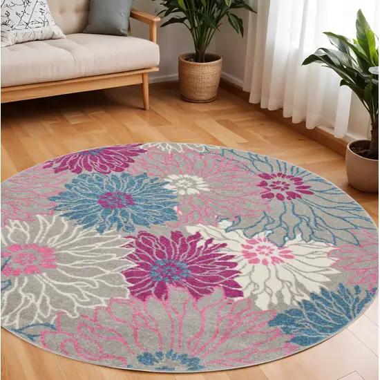 8' Gray And Pink Floral Round Rug Photo 2