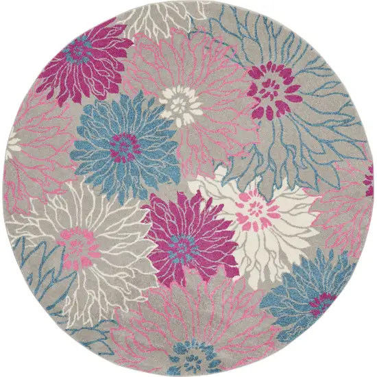 8' Gray And Pink Floral Round Rug Photo 4