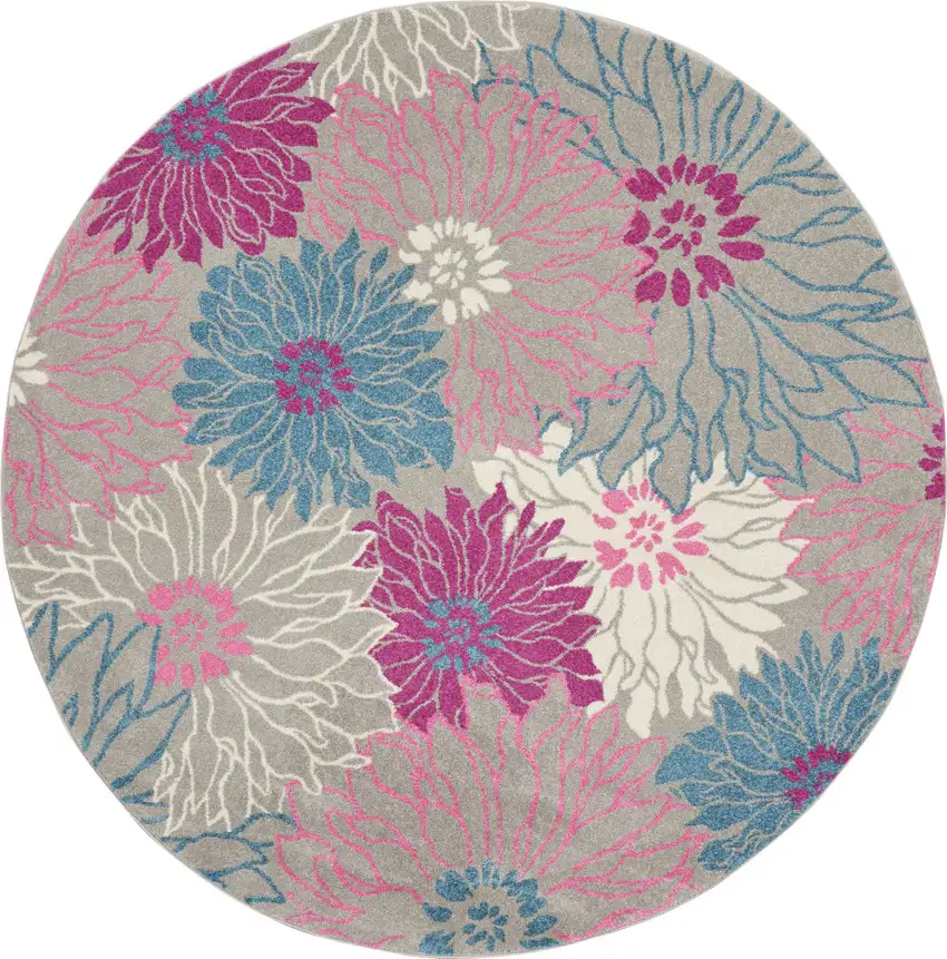 8' Gray And Pink Floral Round Rug Photo 4