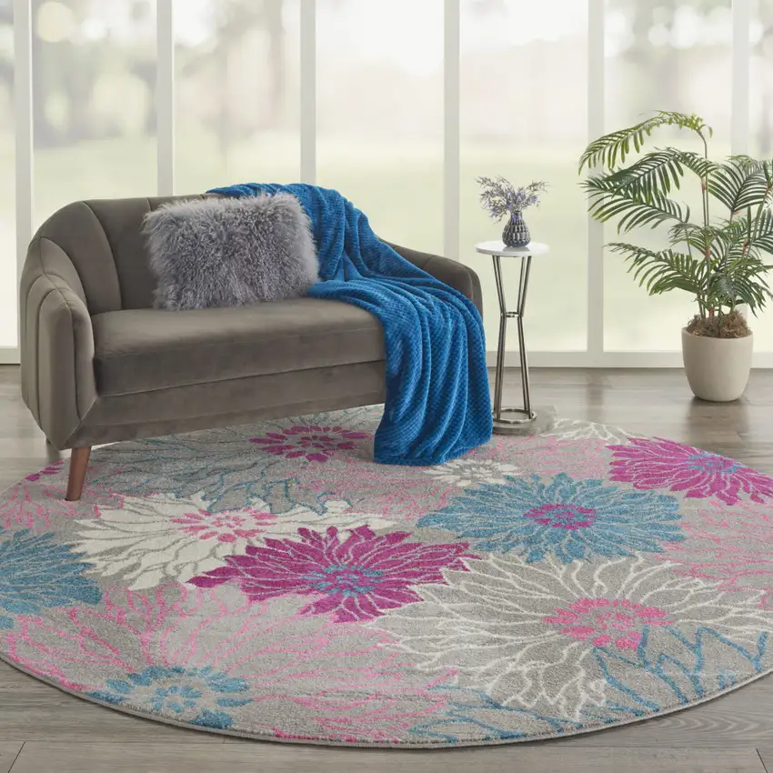 8' Gray And Pink Floral Round Rug Photo 5