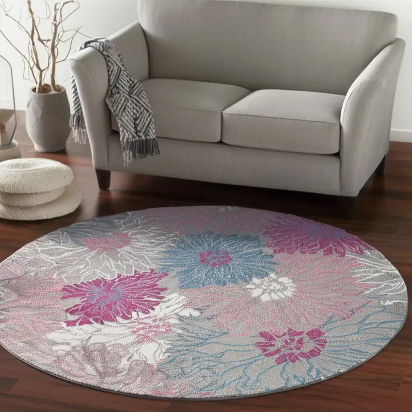 8' Gray And Pink Floral Round Rug Photo 1