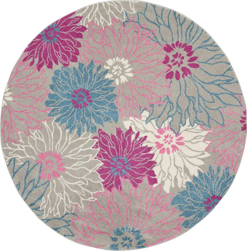 8' Gray And Pink Floral Round Rug Photo 2