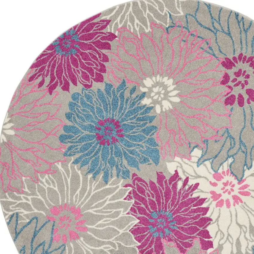 8' Gray And Pink Floral Round Rug Photo 5