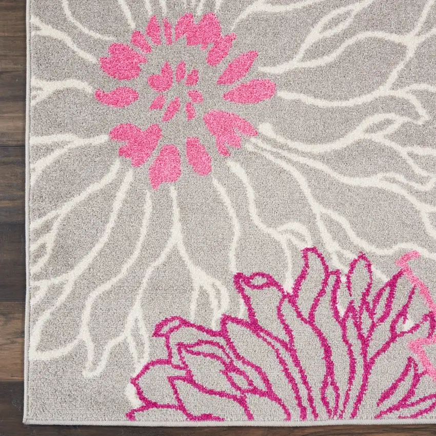 6' Gray And Pink Floral Runner Rug Photo 6