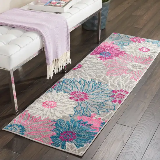 6' Gray And Pink Floral Runner Rug Photo 5