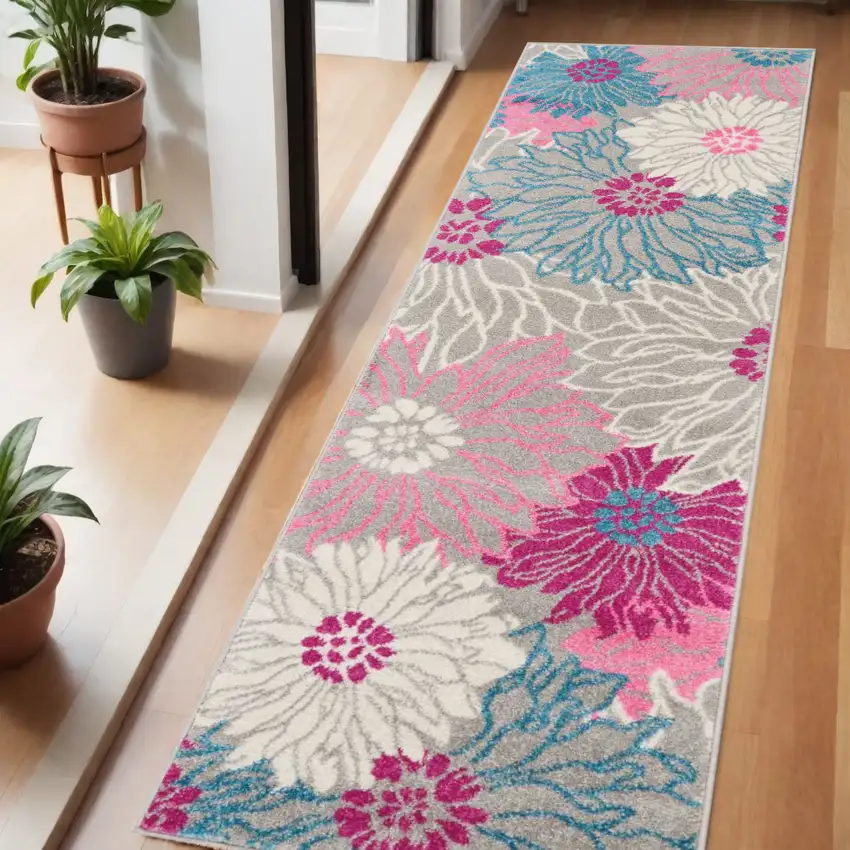 6' Gray And Pink Floral Runner Rug Photo 2