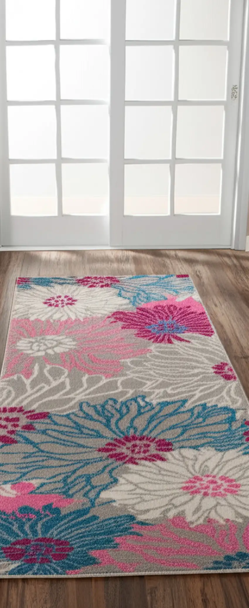 6' Gray And Pink Floral Runner Rug Photo 2