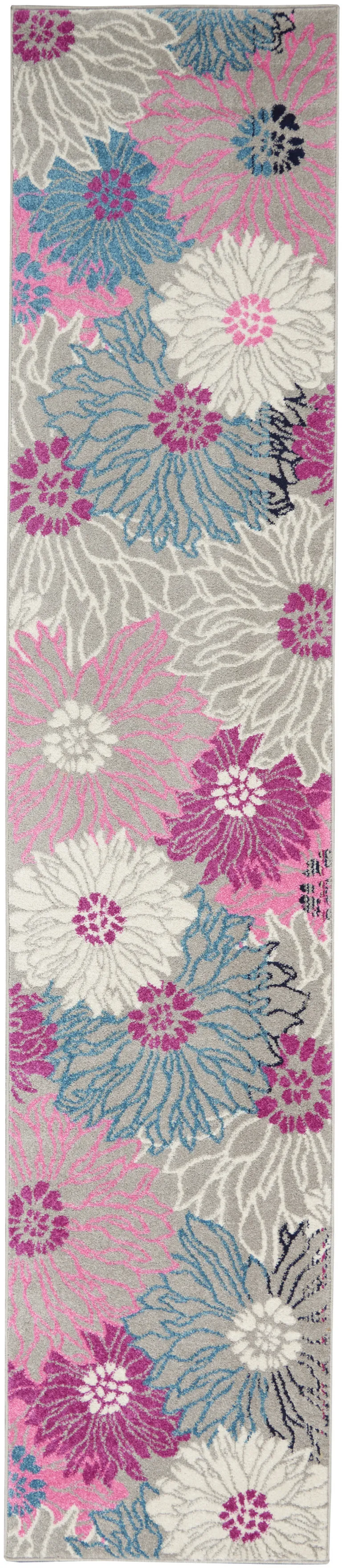 Gray and Pink Tropical Flower Runner Rug Photo 3
