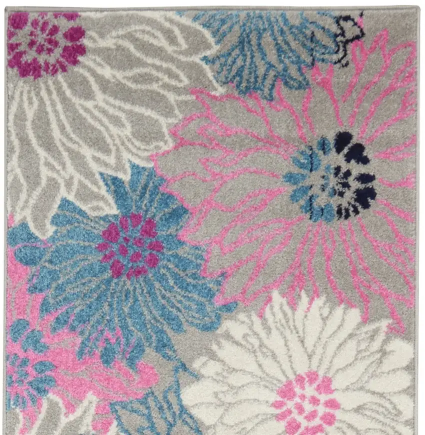 10' Gray And Pink Floral Runner Rug Photo 4
