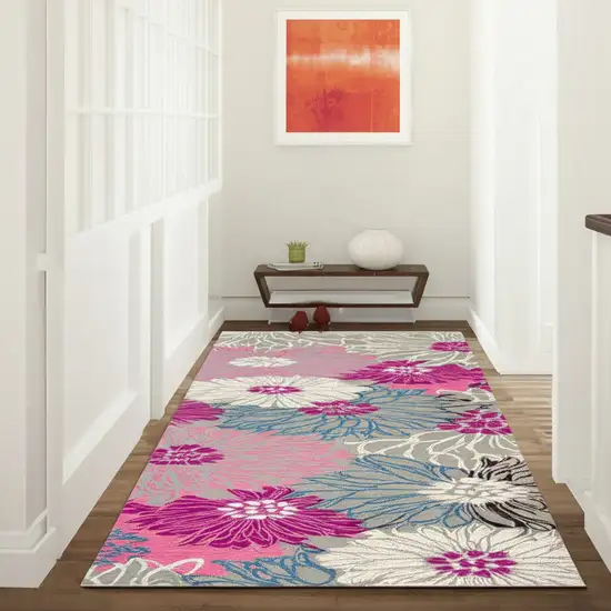 10' Gray And Pink Floral Runner Rug Photo 2