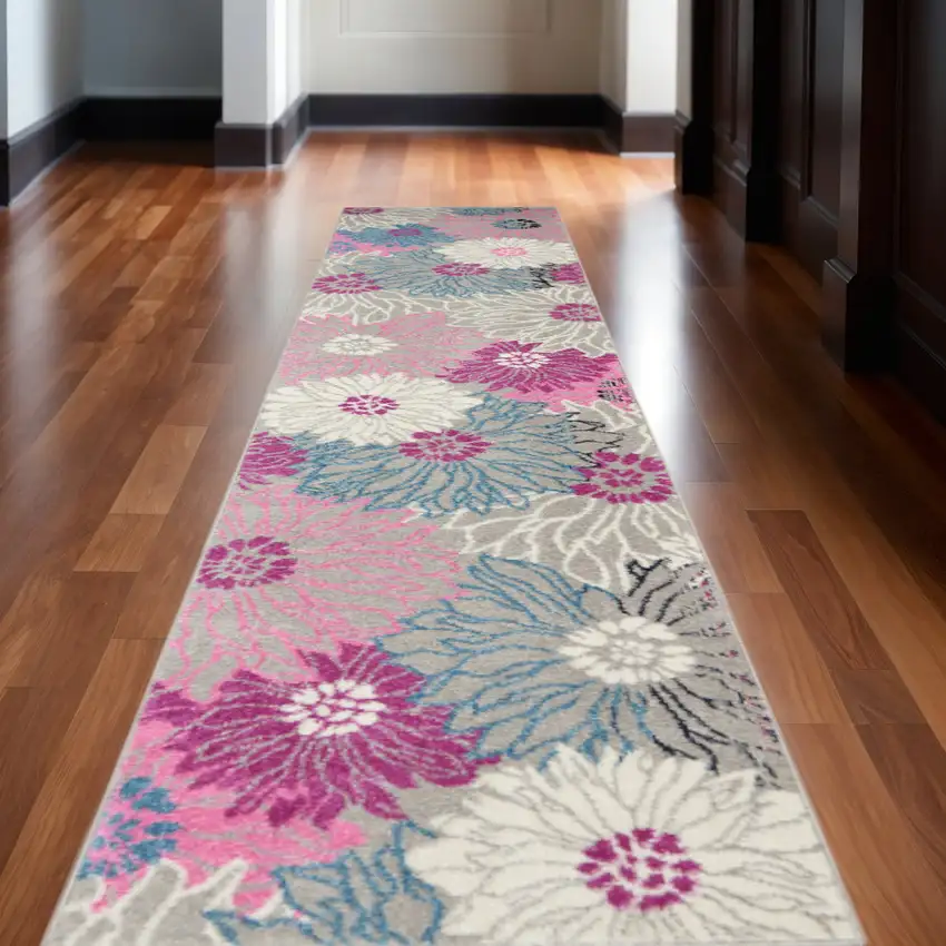 10' Gray And Pink Floral Runner Rug Photo 2