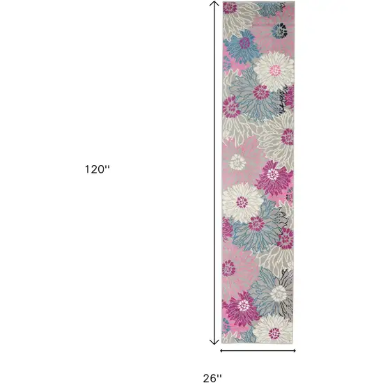 10' Gray And Pink Floral Runner Rug Photo 6