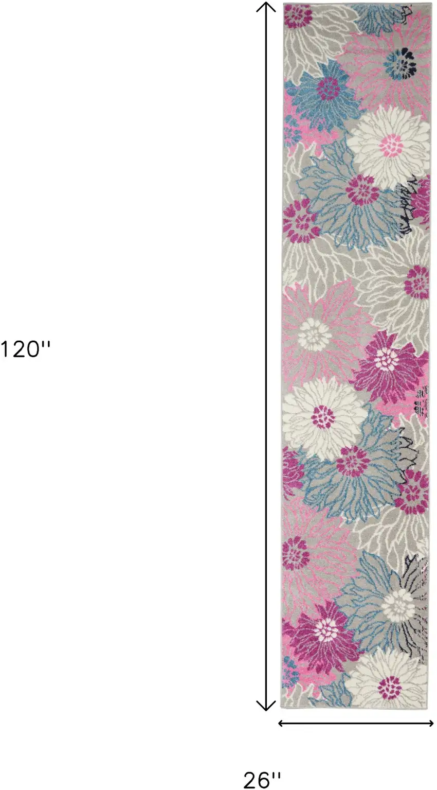 10' Gray And Pink Floral Runner Rug Photo 6