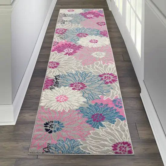 10' Gray And Pink Floral Runner Rug Photo 5