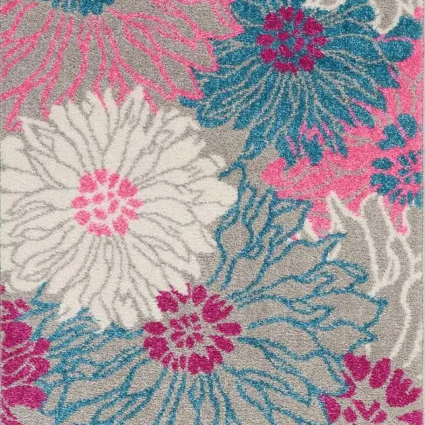 8' Gray And Pink Floral Runner Rug Photo 3