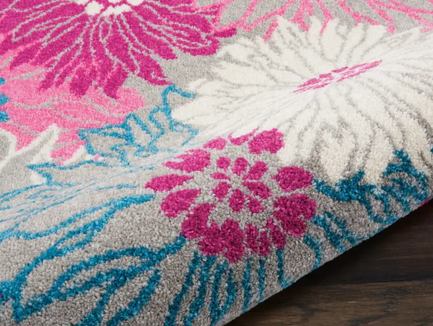 8' Gray And Pink Floral Runner Rug Photo 4