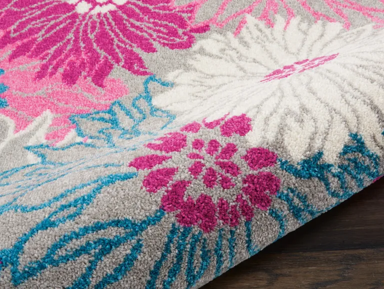 Gray and Pink Tropical Flower Runner Rug Photo 3