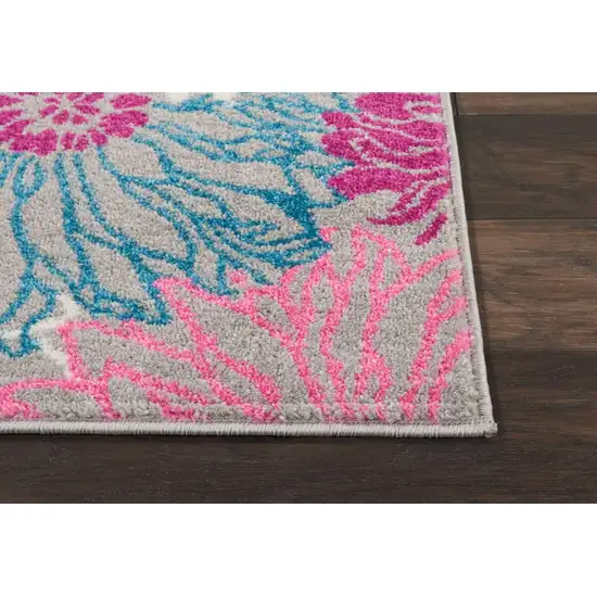 8' Gray And Pink Floral Runner Rug Photo 9