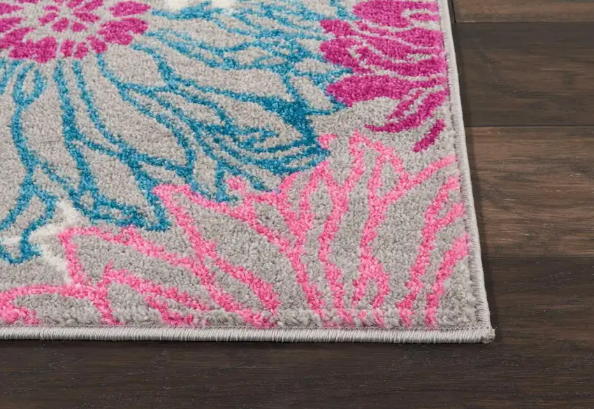 8' Gray And Pink Floral Runner Rug Photo 9