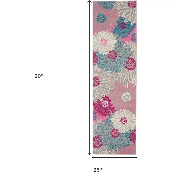 8' Gray And Pink Floral Runner Rug Photo 9