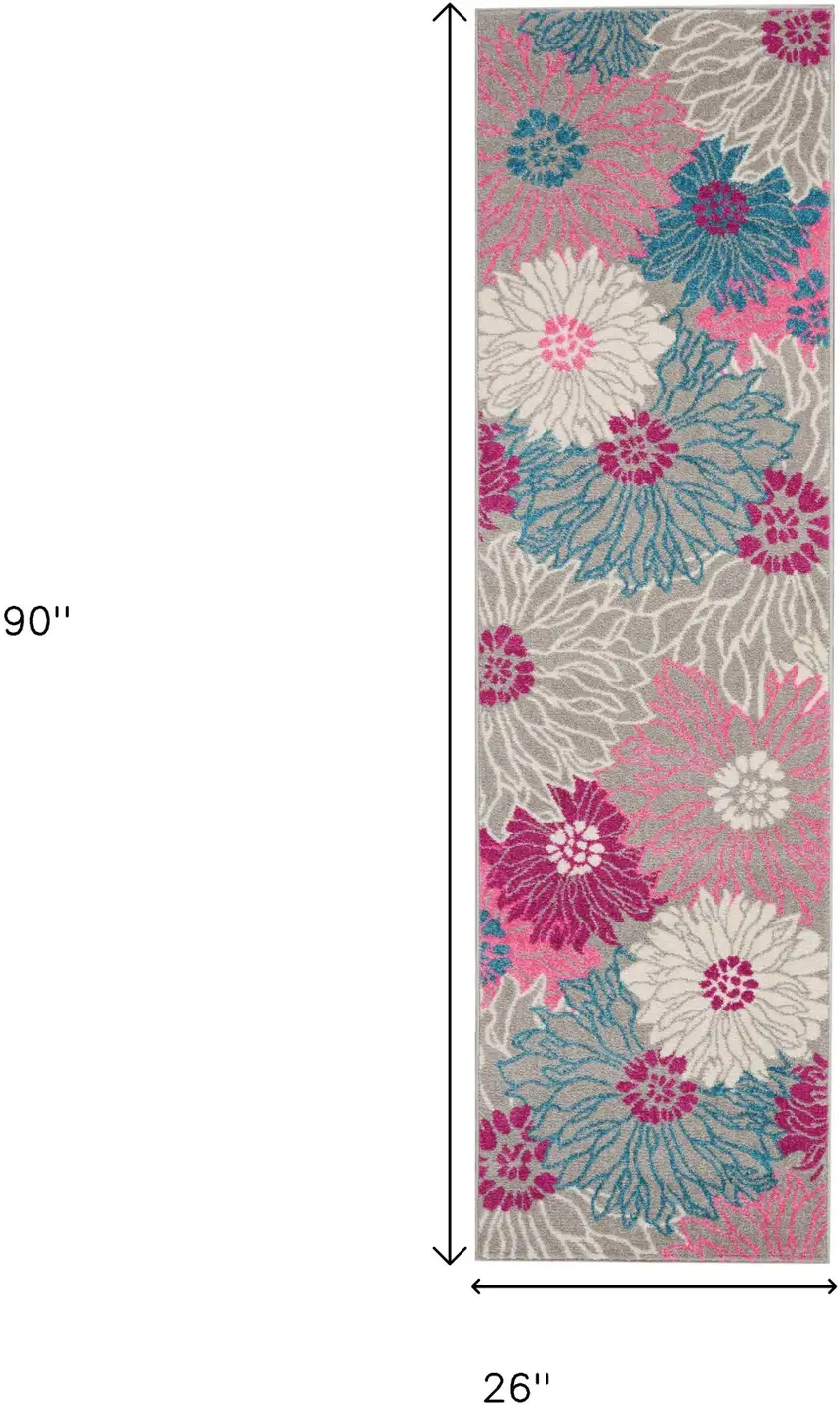8' Gray And Pink Floral Runner Rug Photo 9