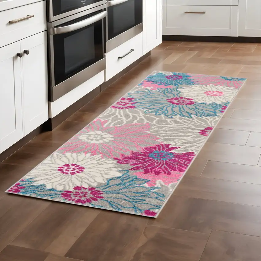 8' Gray And Pink Floral Runner Rug Photo 2