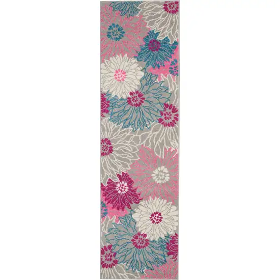 8' Gray And Pink Floral Runner Rug Photo 4