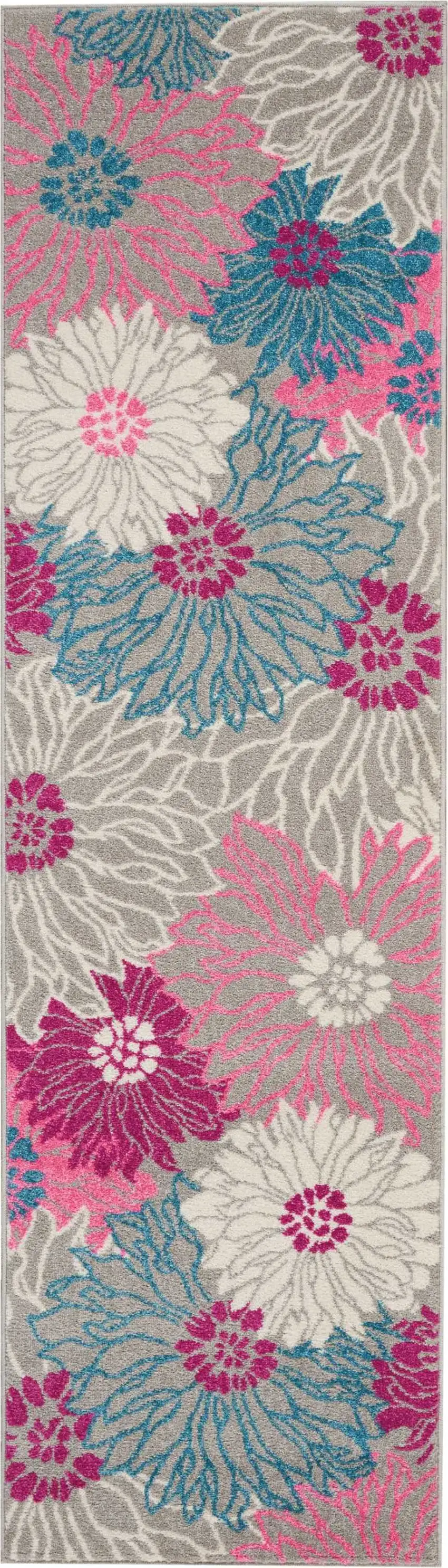 8' Gray And Pink Floral Runner Rug Photo 4