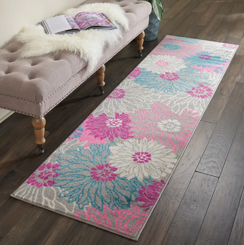 8' Gray And Pink Floral Runner Rug Photo 5