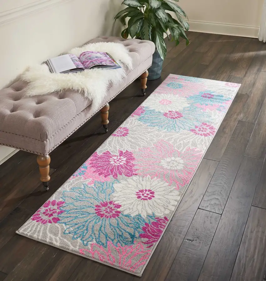 Gray and Pink Tropical Flower Runner Rug Photo 6