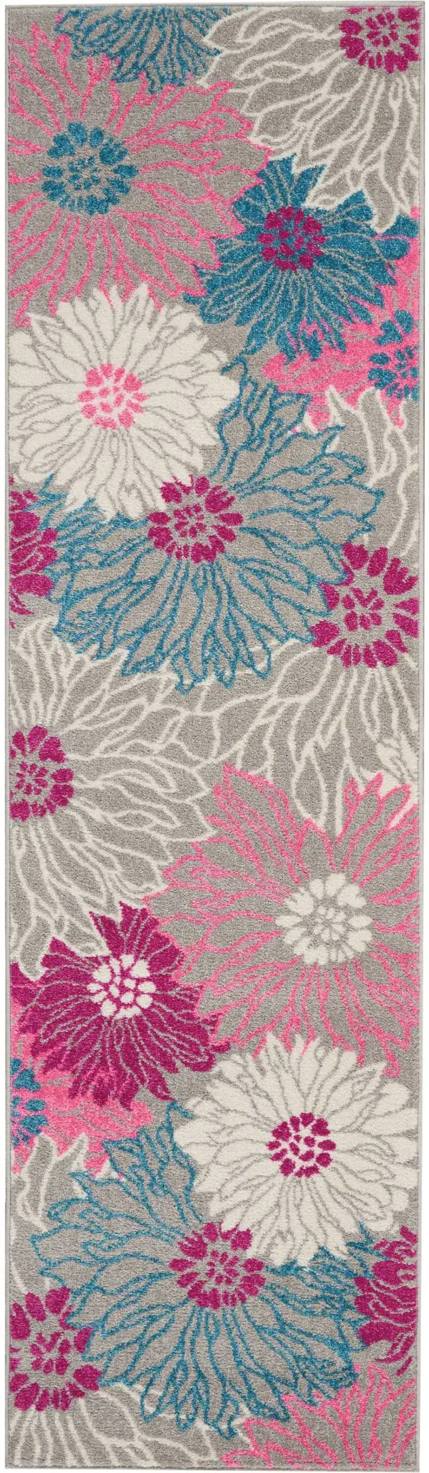 8' Gray And Pink Floral Runner Rug Photo 1