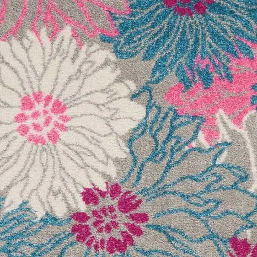 8' Gray And Pink Floral Runner Rug Photo 1