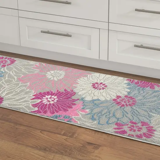 8' Gray And Pink Floral Runner Rug Photo 2