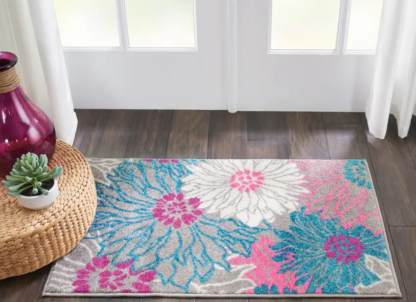 Gray And Pink Floral Area Rug Photo 5