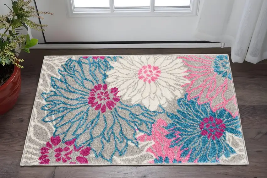 Gray And Pink Floral Area Rug Photo 2