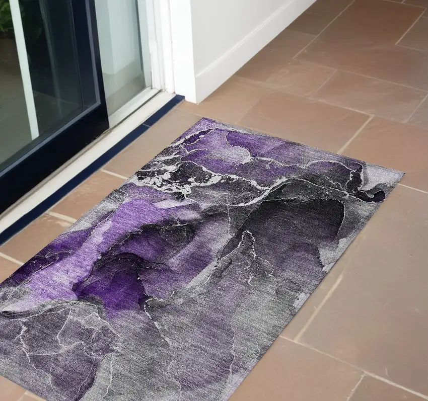 Gray and Purple Abstract Washable Non Skid Indoor Outdoor Area Rug Photo 1