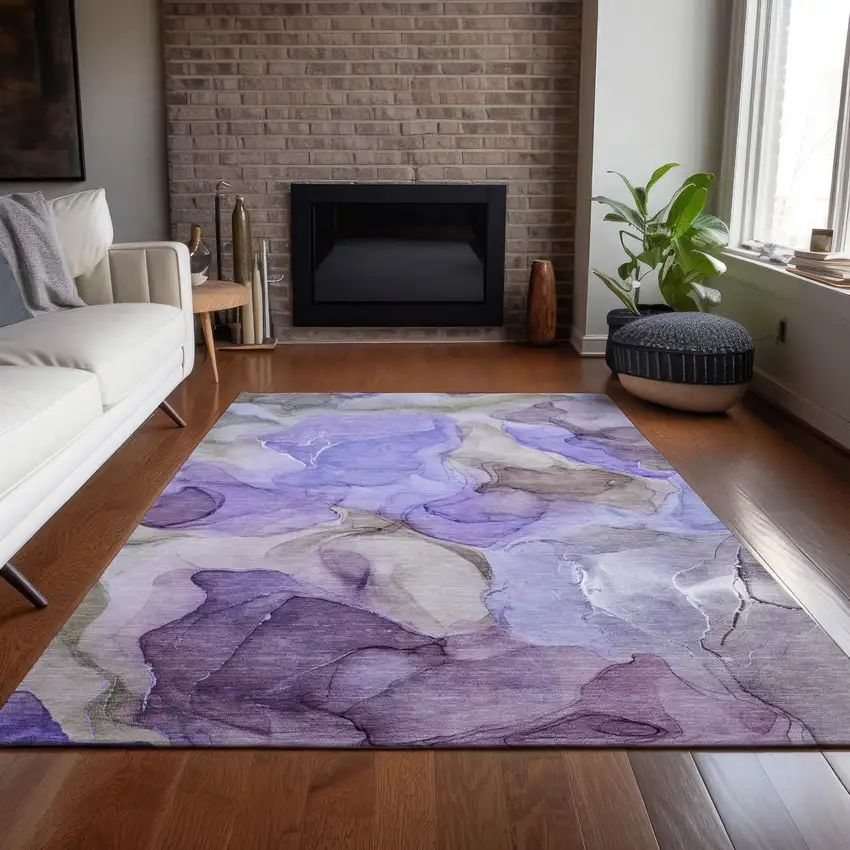 Gray and Purple Abstract Washable Non Skid Indoor Outdoor Area Rug Photo 9
