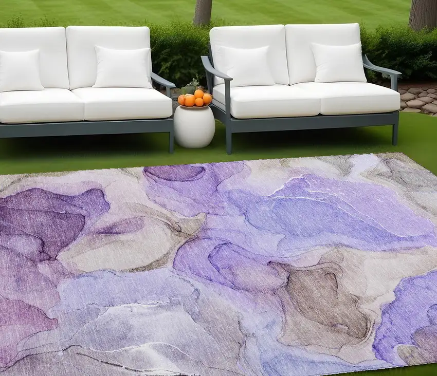 Gray and Purple Abstract Washable Non Skid Indoor Outdoor Area Rug Photo 1