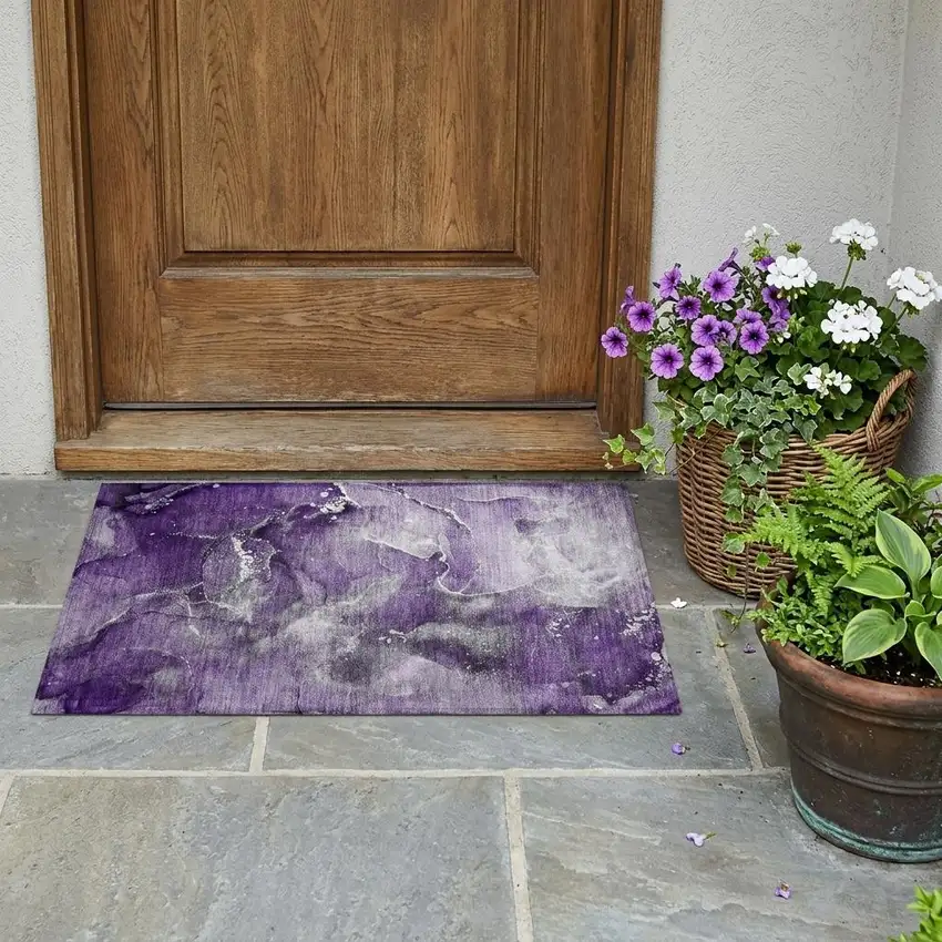 Gray and Purple Abstract Washable Non Skid Indoor Outdoor Area Rug Photo 1