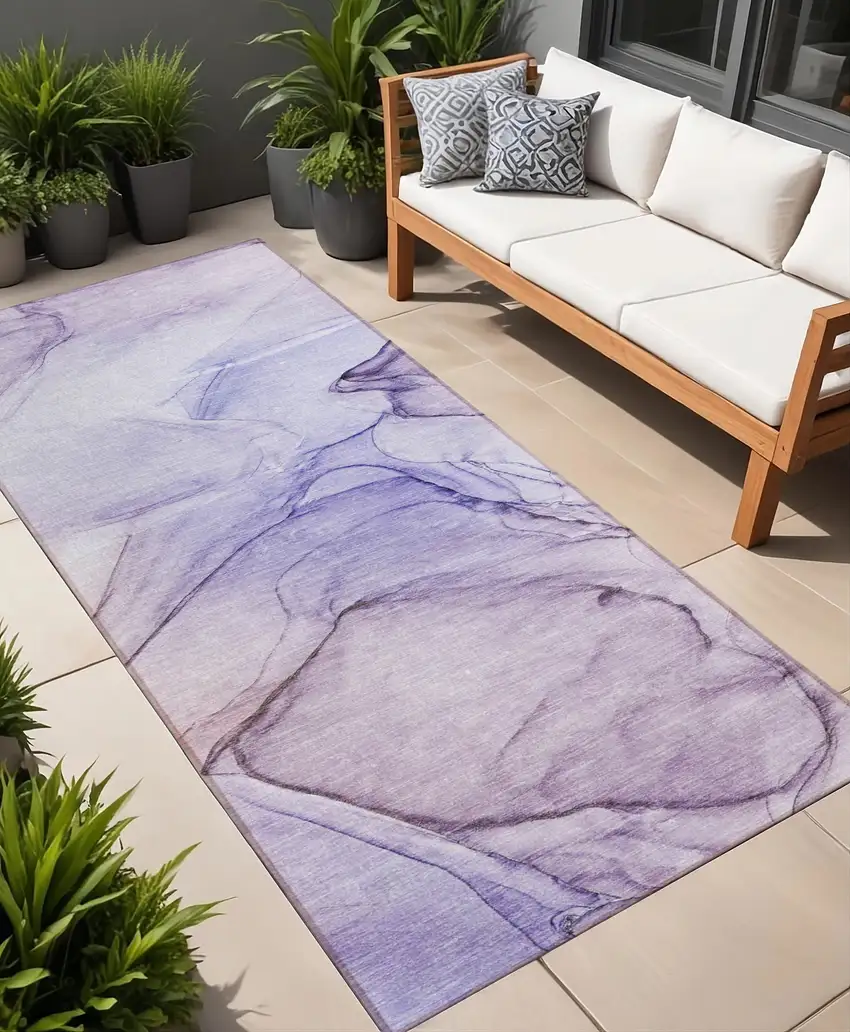 Gray and Purple Abstract Washable Non Skid Indoor Outdoor Runner Rug Photo 1