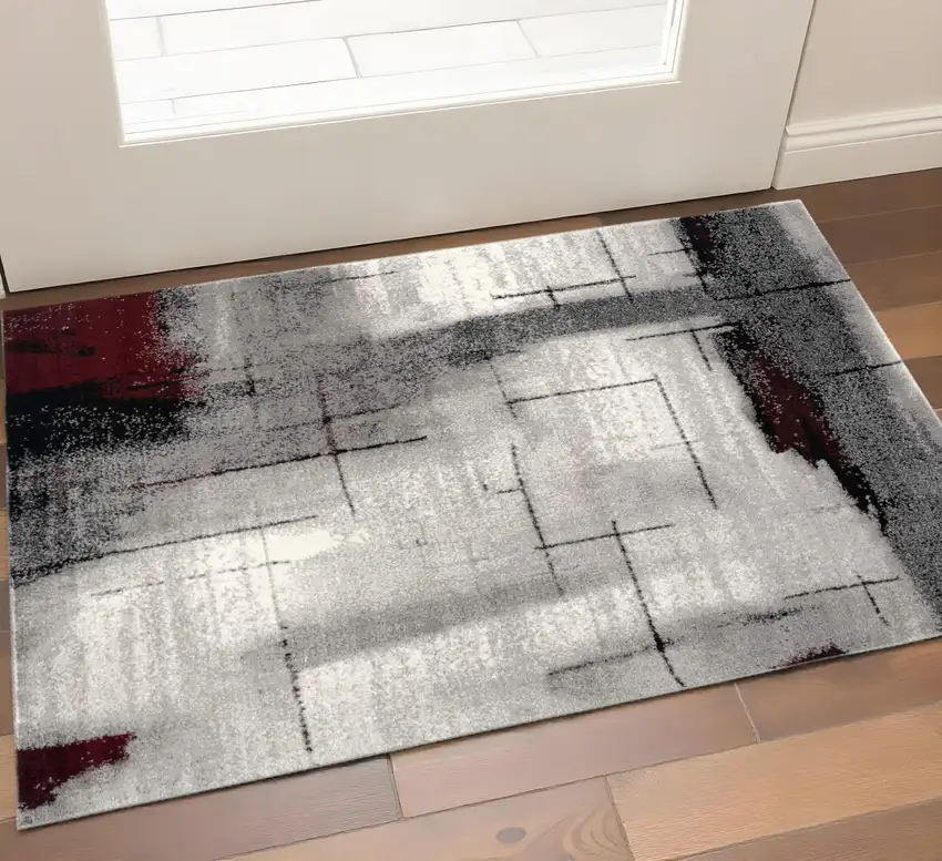Gray and Red Abstract Distressed Area Rug Photo 2