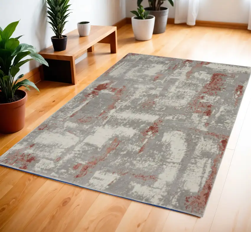 Gray and Red Abstract Non Skid Area Rug Photo 1