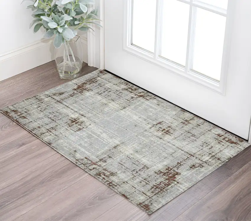 Ivory Red and Gray Abstract Power Loom Area Rug Photo 1