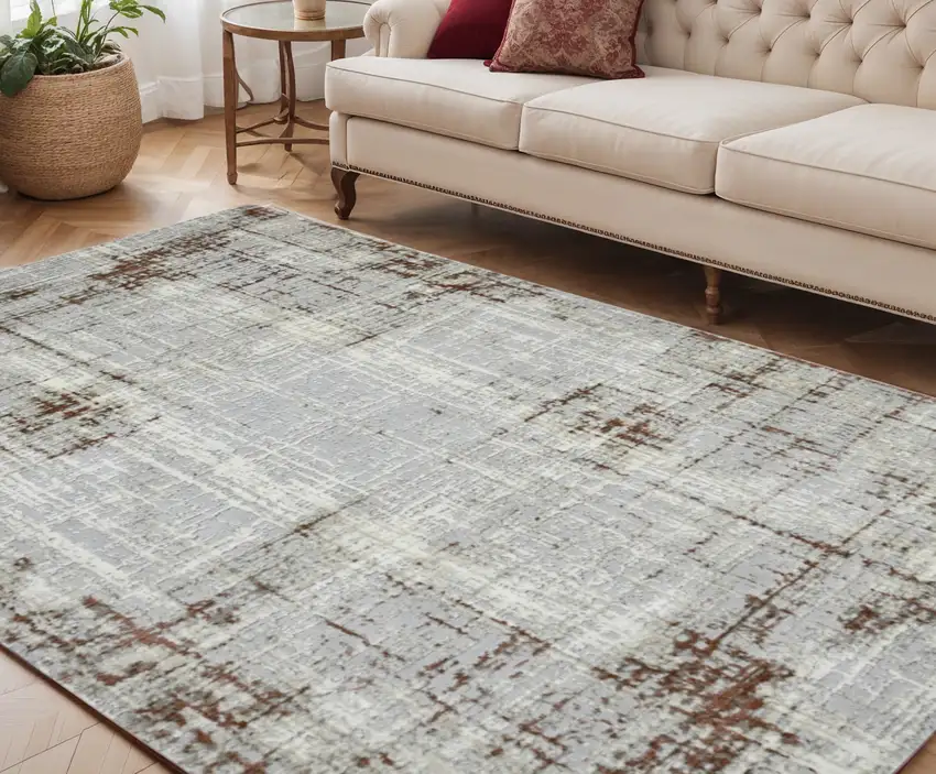 Ivory Red and Gray Abstract Power Loom Area Rug Photo 1