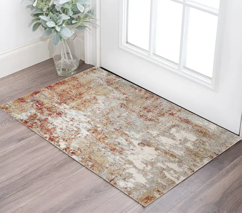 Ivory Red and Cream Abstract Power Loom Area Rug Photo 1