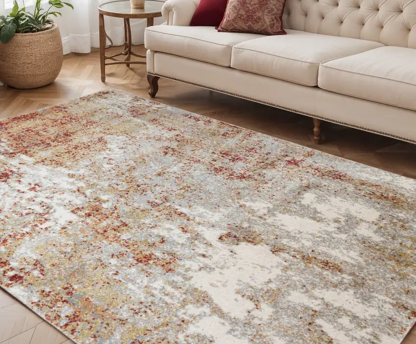Ivory Red and Cream Abstract Power Loom Area Rug Photo 1